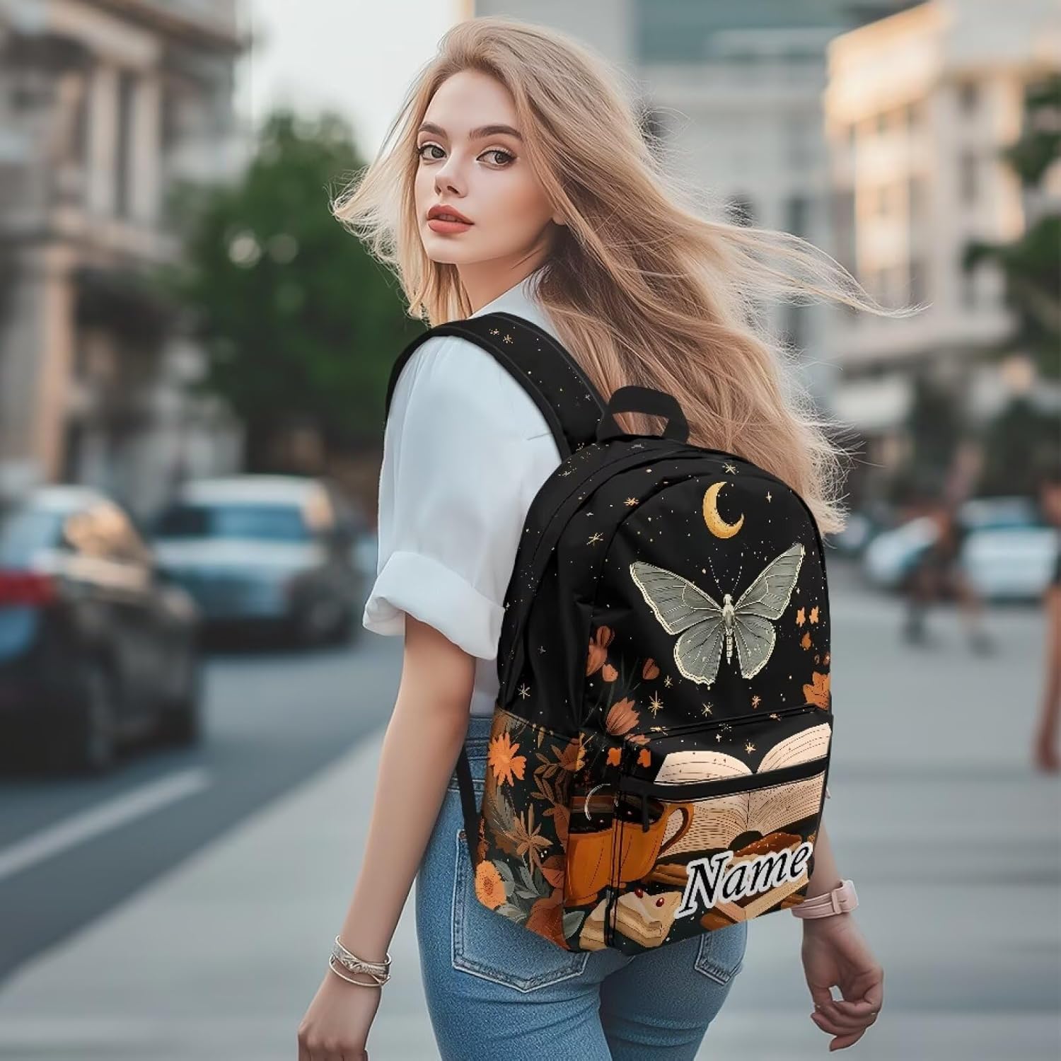 Moth School Backpack Girls Kawaii Bookbags for Girls 17 Inch Lightweight Rucksack for Students Daypack School Supplies