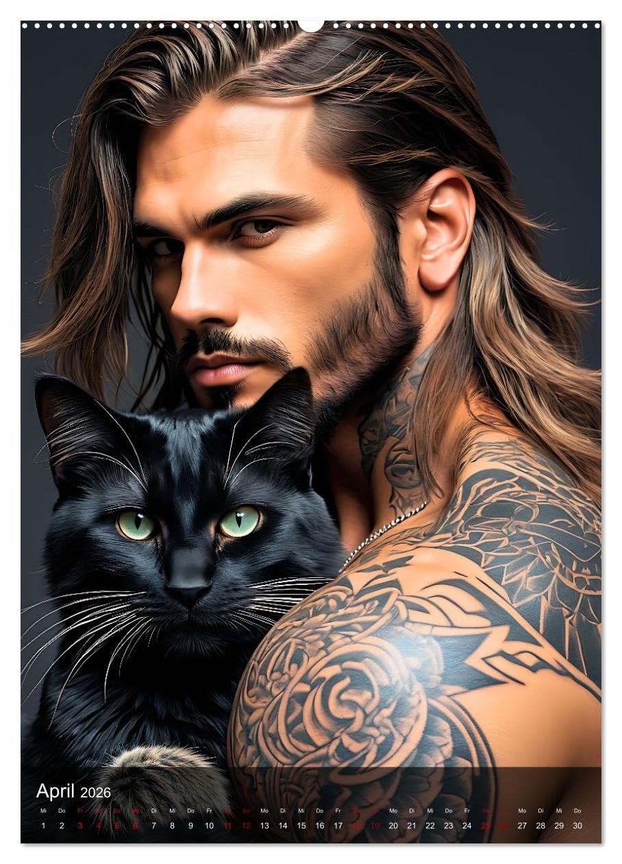 Verschmuste Kerle - Muskeln, Tattoos und Miezekatzen (hochwertiger Premium Wandkalender 2026 DIN A2 hoch), Kunstdruck in Hochglanz: Charmante Bilder ... unwiderstehlichen Samtpfoten (CALVENDO Tiere)