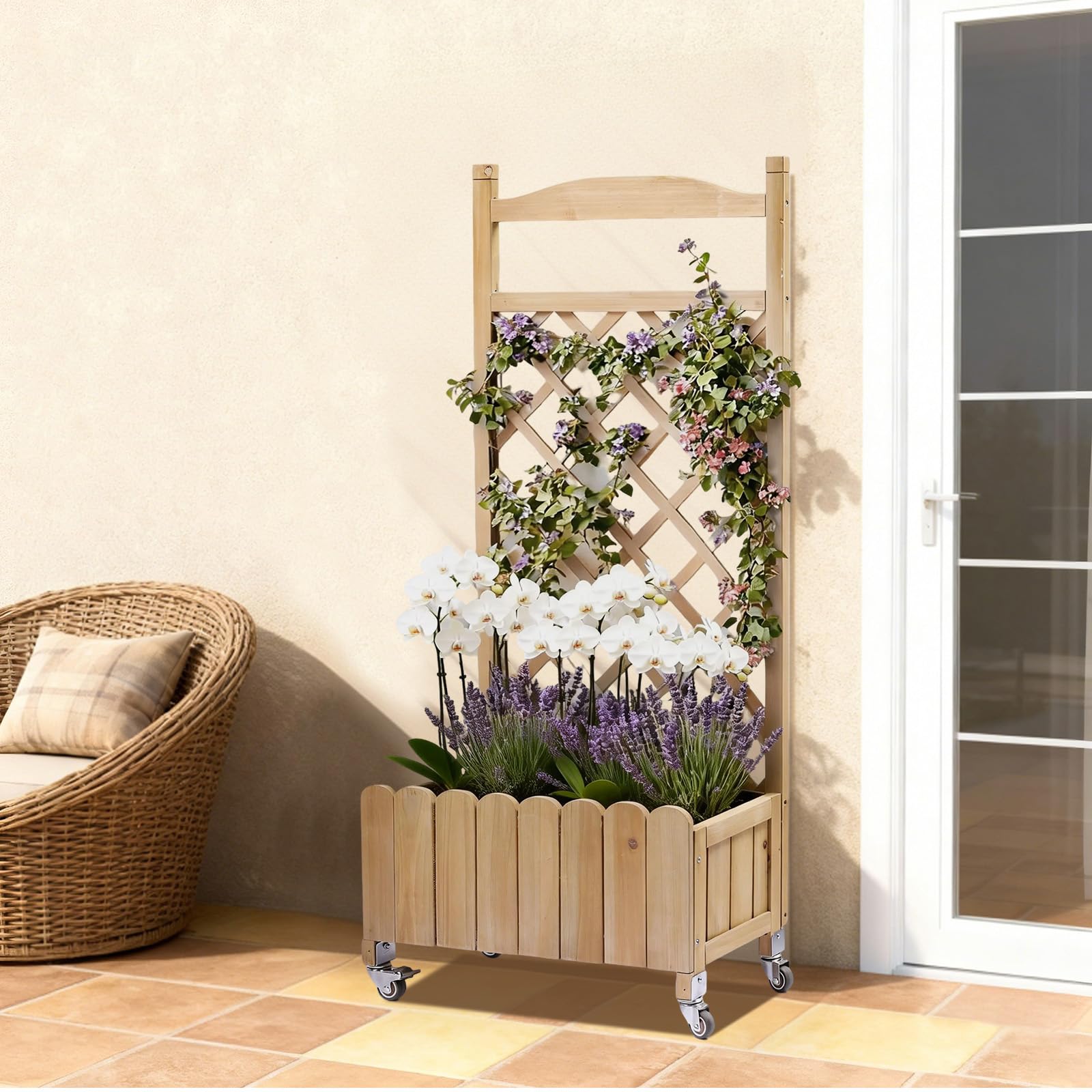 Fioriera in legno con grigliato e ruote, rialzata, resistente alle intemperie con fori di drenaggio, per giardino, balcone e terrazza, 49 x 28 x 116 cm – Marrone chiaro