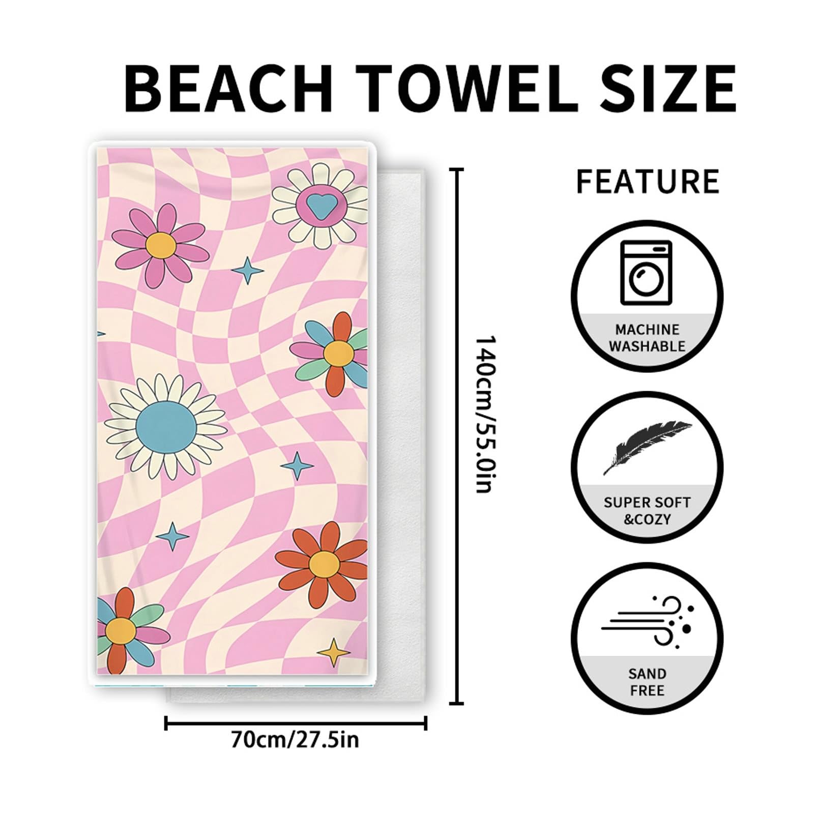 AMDXD Toalla de baño 80 x 160 cm, impresa con rejilla y estampado de flores, toalla de playa, microfibra, suave y fácil de limpiar, toalla deportiva adecuada para camping, gimnasio, playa, multicolor