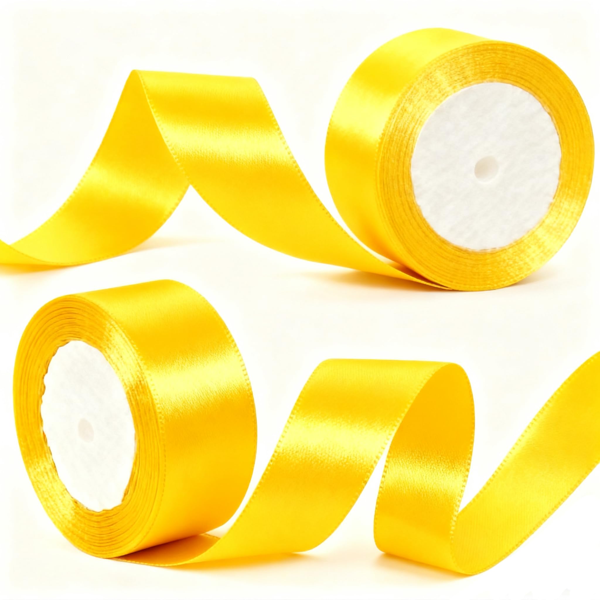 2 Rolls 50mm Yellow Satin Ribbon for Gift Wrapping, 22m Thick Fabric Craft Yellow Ribbon for Balloons,Crafting,Hair,Bouquets,Wedding, Car,Presents,Cake,Christmas Party Decorations