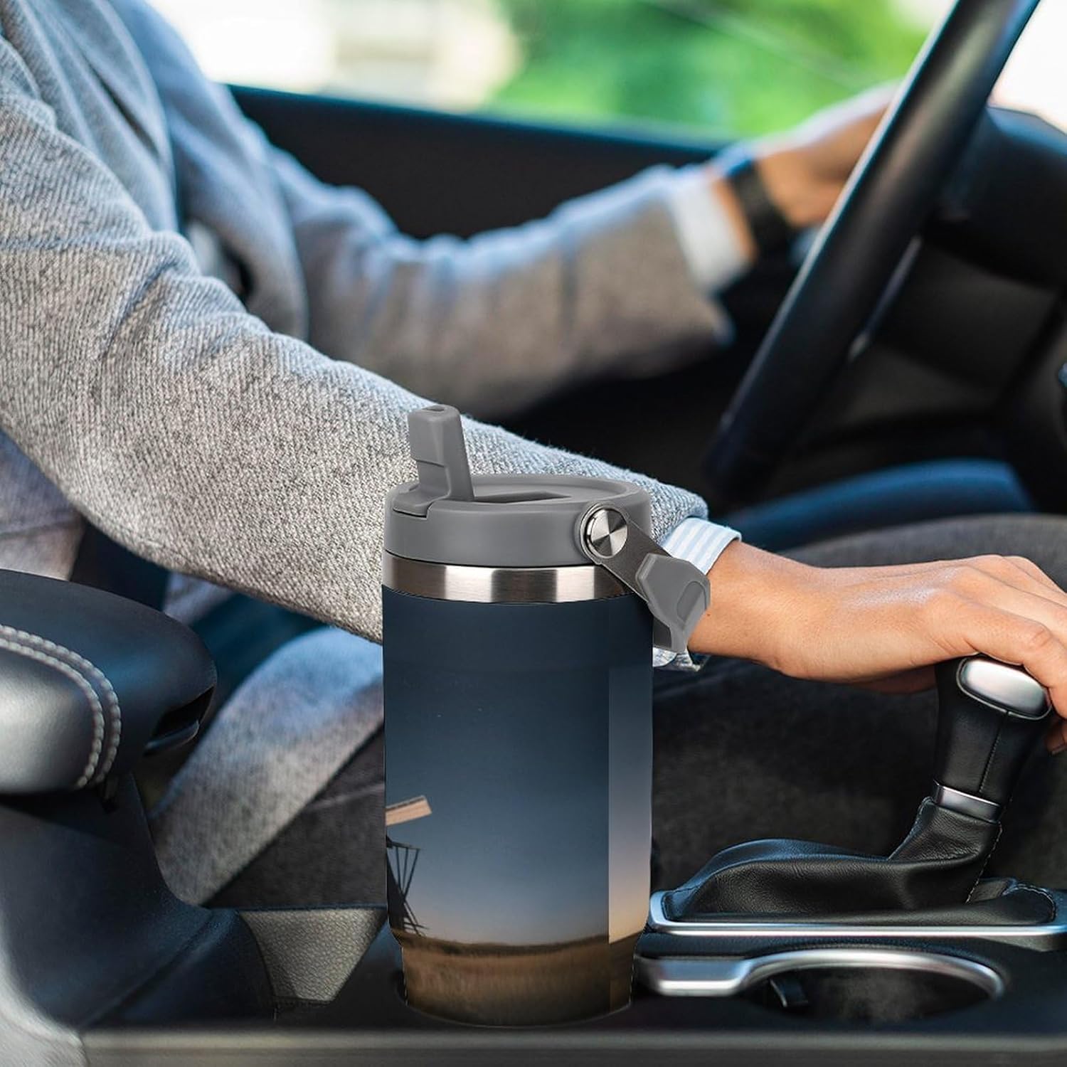 30 Oz Insulated Mug with Handle Lid And Straw Starry Sky Windmill Pattern Large Metal Sports Bottle Great for Gifts Parties Office Coffee