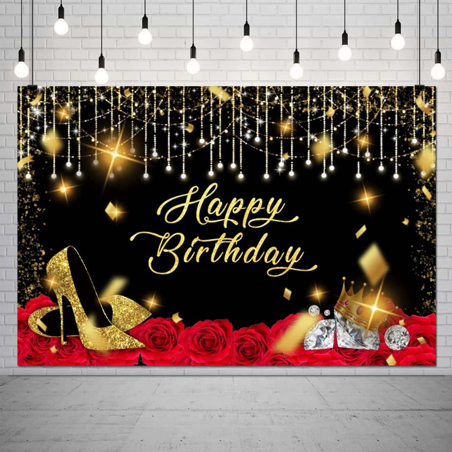 10x8ft Gold and Black Happy Birthday Backdrop Large Glitter Sequin High Heels Diamond Wine Red Rose Photography Background for Women Party Decorations Banner Photo Booth Backdrops