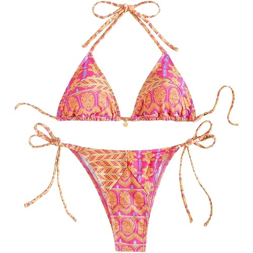 QJQ Women's 2 Piece Bikini Set Floral Boho Halter Triangle Bathing Suit Flattering Cheeky String Swimsuit 2026