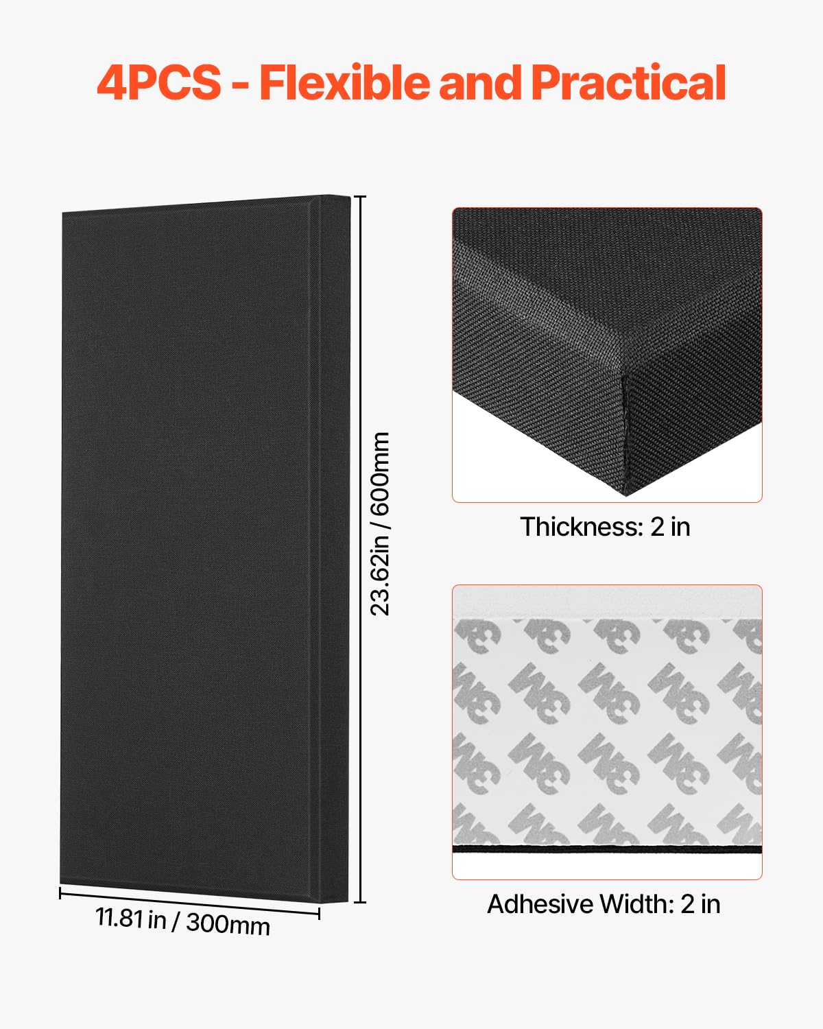 VEVOR Paneles Acústicos de Fibra de Vidrio, Paneles de Absorción de Sonido, Insonorizados Autoadhesivos, para Estudios, Oficinas, Cine en Casa, Salas de Reuniones, Negro, 600 x 300 x 50 mm, 4 uds