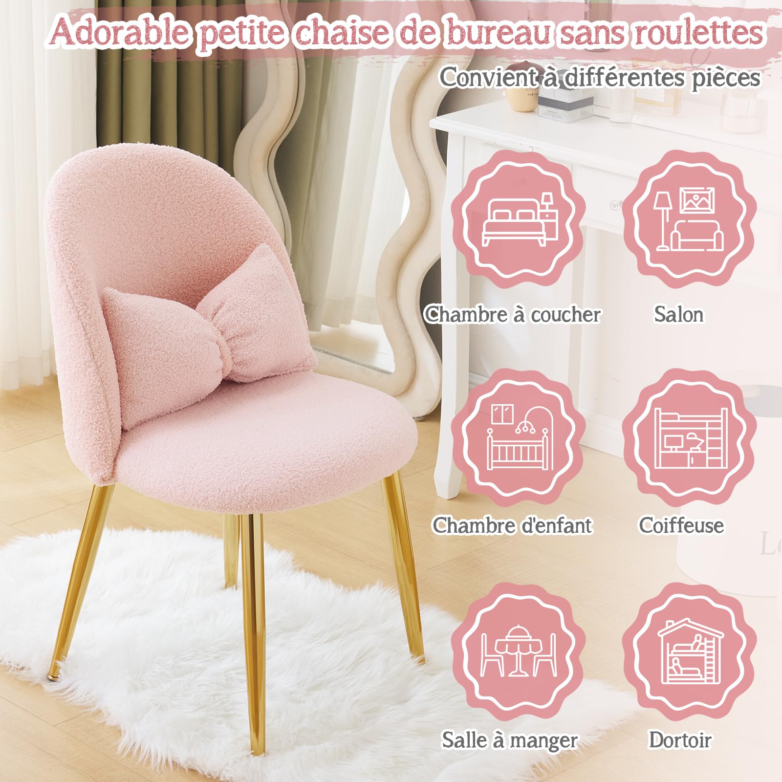 Bonnlo Fauteuil Relax, Chaise Coiffeuse, Fauteuil avec Coussin Nœud, Dossier Incurvé sans Accoudoirs, pour Salon, Bureau, Chambre, en Peluche Lapin/Teddy, 55 x 48 x 78.5 cm (Teddy & Rose)