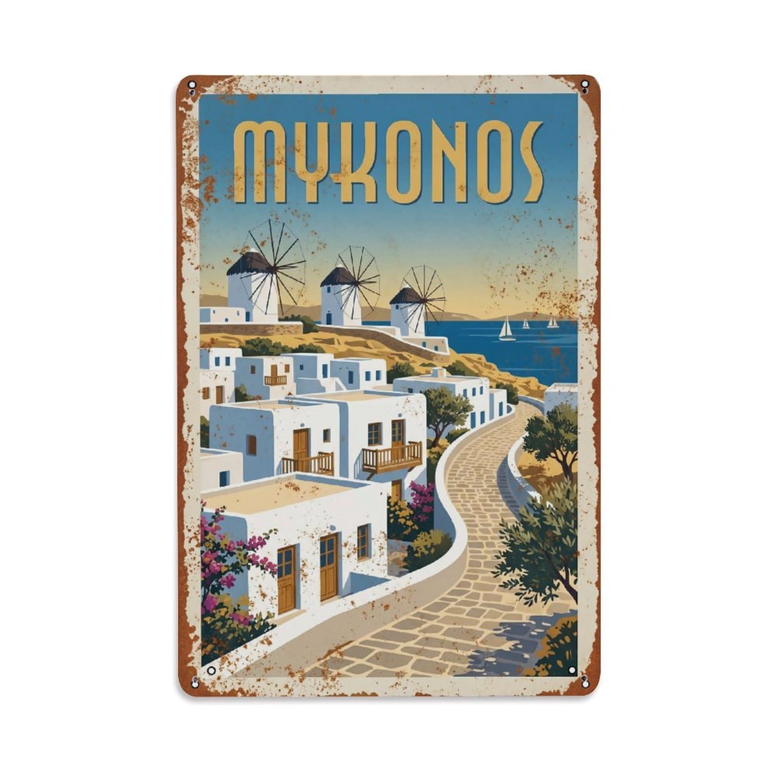 Vintage Travel Mykonos Greece Metal Tin Sign Wall Decor for Cafe, Club, Garden Metal Poster 8x12Inch