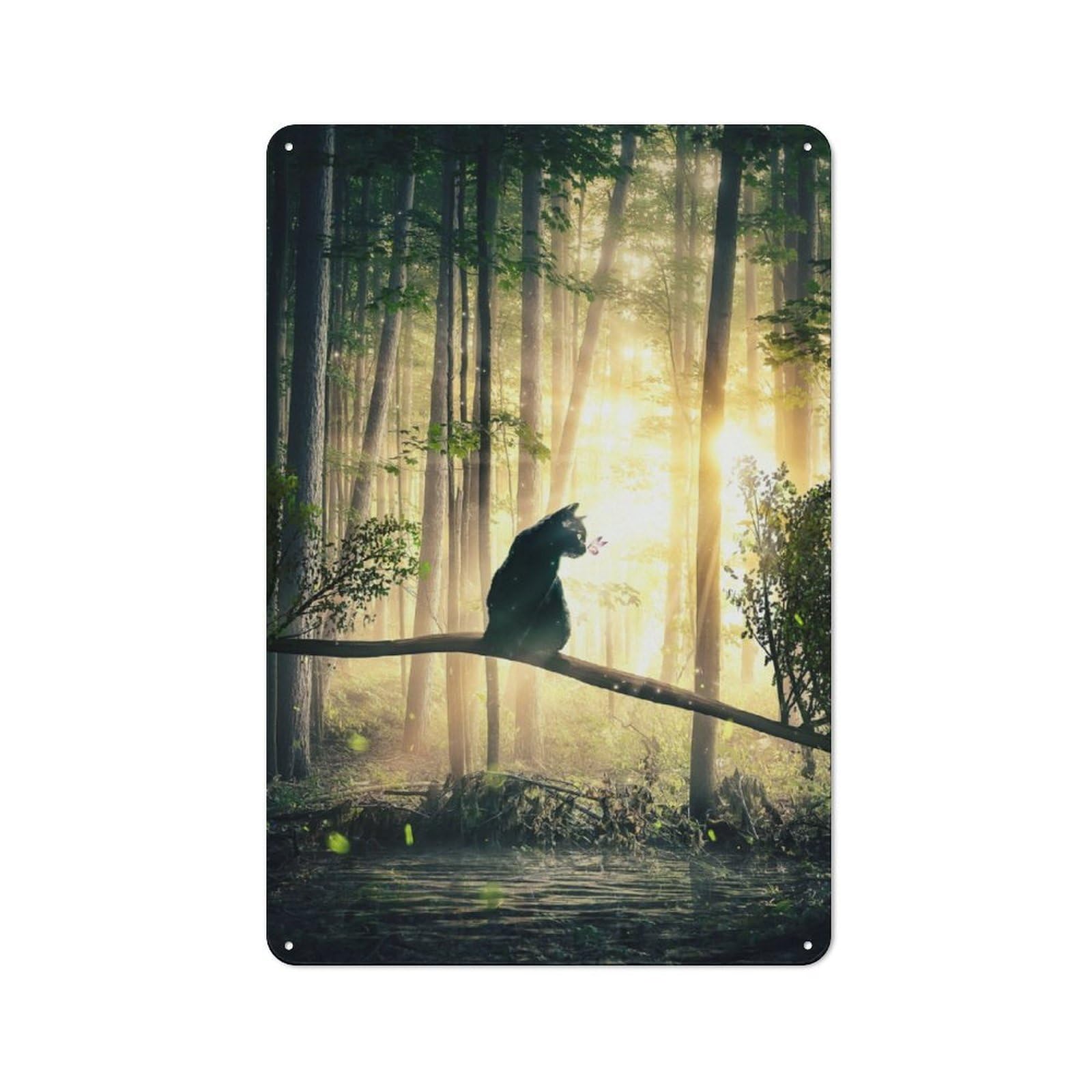 Junmoney Cat, Sun And Forest Tin Wall Plaque 30X20cm With For Café Or Home Bar, For Themed Room Decoration, For Living Room And Hallway Decor