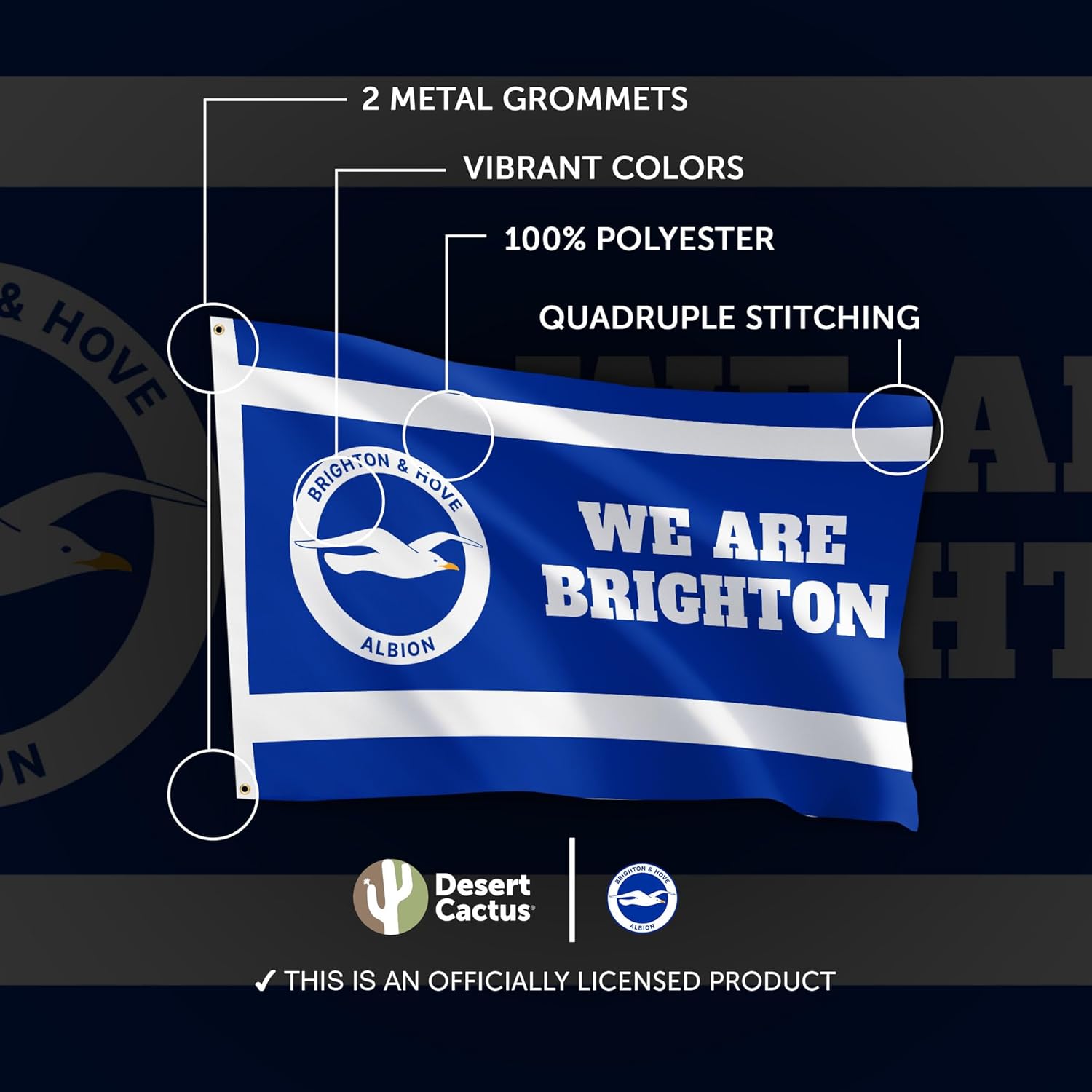 Desert Cactus Brighton & Hove Albion Flag BHAFC Seagulls 100% Polyester Indoor Outdoor 3x5 feet Officially Licensed Gear (Design G)