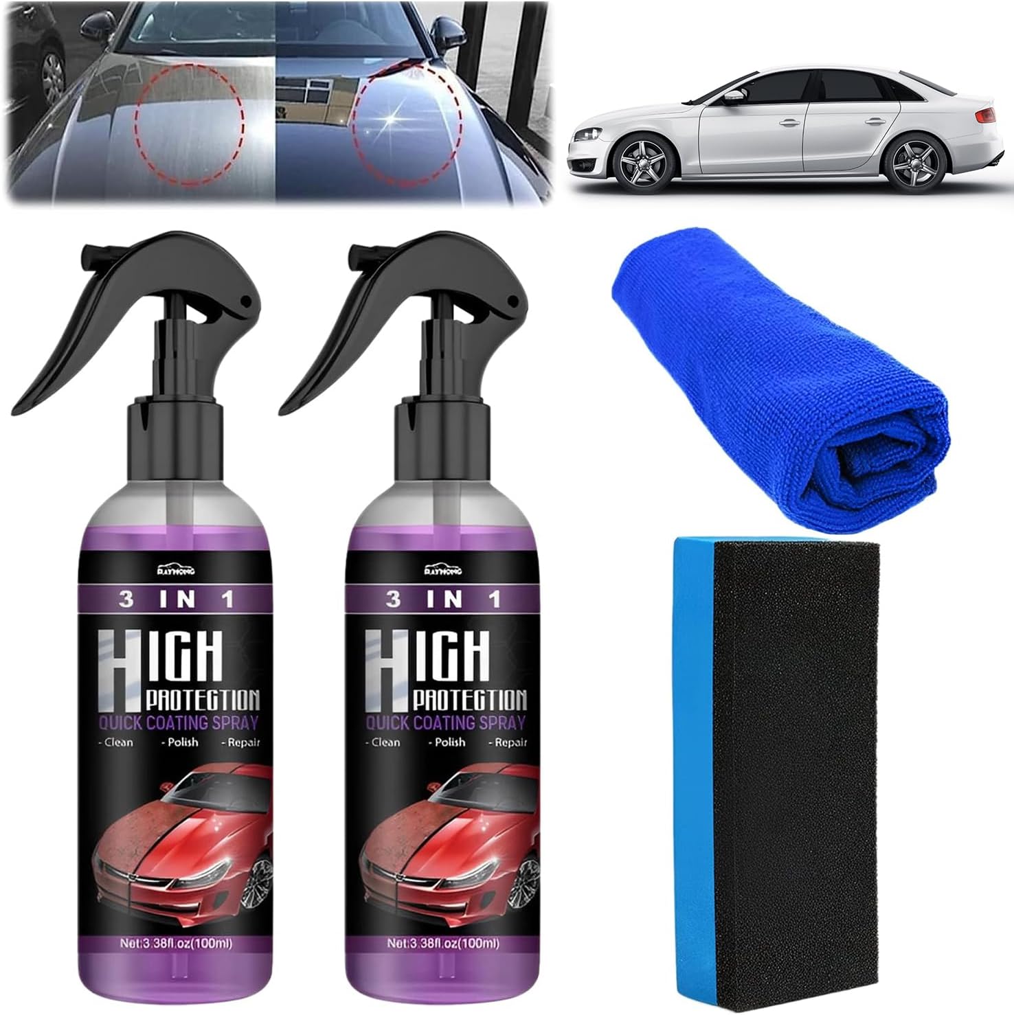 3 in 1 High Protection Quick Coating Spray, Car Scratch Nano Repair Spray, Car Coating Fast Wax Polishing Spray (2Pcs*100ml+Brush Cloth)