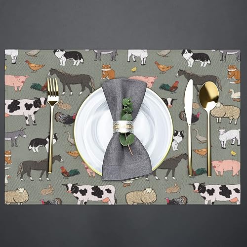 Miniatura 5 de Juego de 4 manteles individuales de verano con diseño de vaca gallo, bonitos animales de granja, vacaciones, cocina, comedor, decoración para