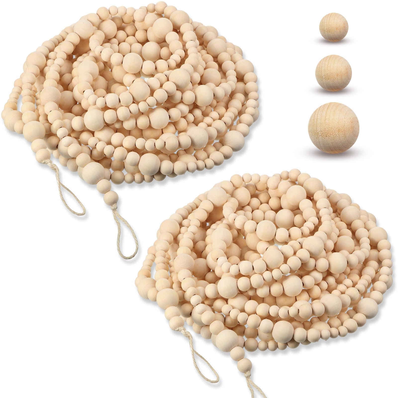 Giegxin Guirlande de perles en bois de 10 m - 12/16/25 mm - Perles en bois de style rustique - Décoration murale - Perles de prière naturelles pour Noël, les vacances, la maison, la table, l'arbre