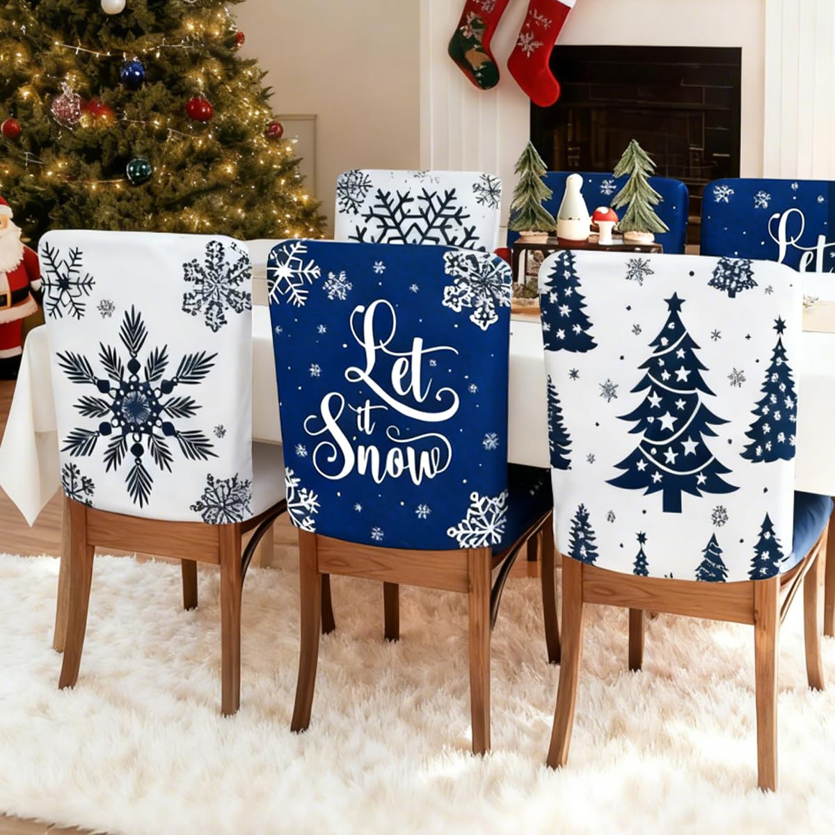 Treer Blue Christmas Chair Covers Set of 6, Christmas Seat Dining Chair Back Covers Short Plush | Xmas Party Holiday New Year Kitchen Decoration | White Snowflake 60x50 cm