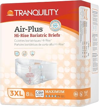 Tranquility AIR-Plus Bariatric HI-Rise Adult Diapers, 3XL, 8 Ct | 34oz Capacity, 64-96in Waist, Heavy Absorbency, 100% Breathable, Odor Control, Refastenable Tabs, Plus-Size Bariatric Briefs