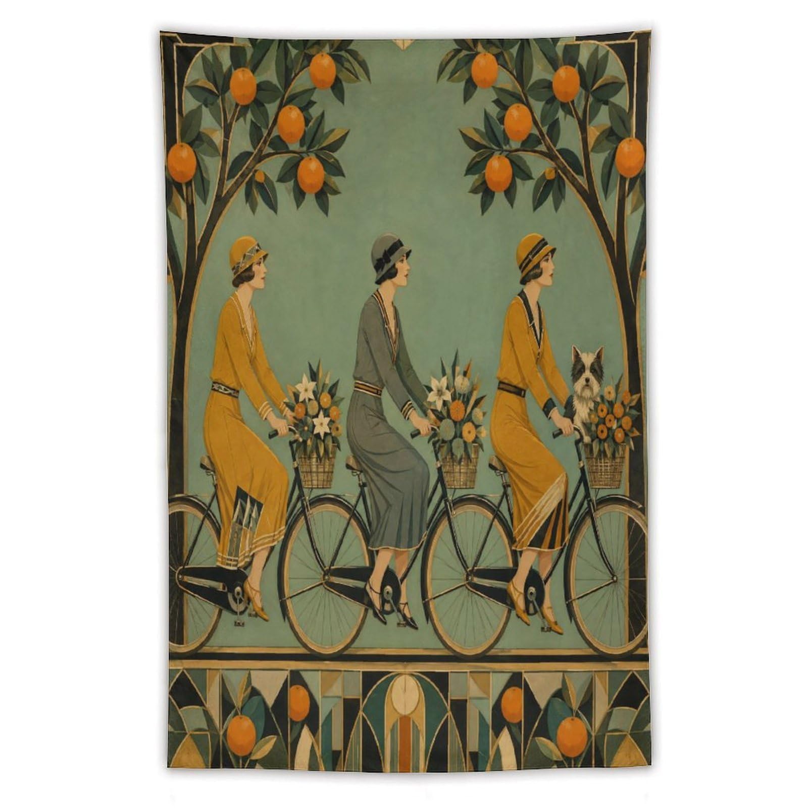 W7C8U2X3 Cyclists under Orange Trees Wall Tapestry, Art Nouveau, Apartment