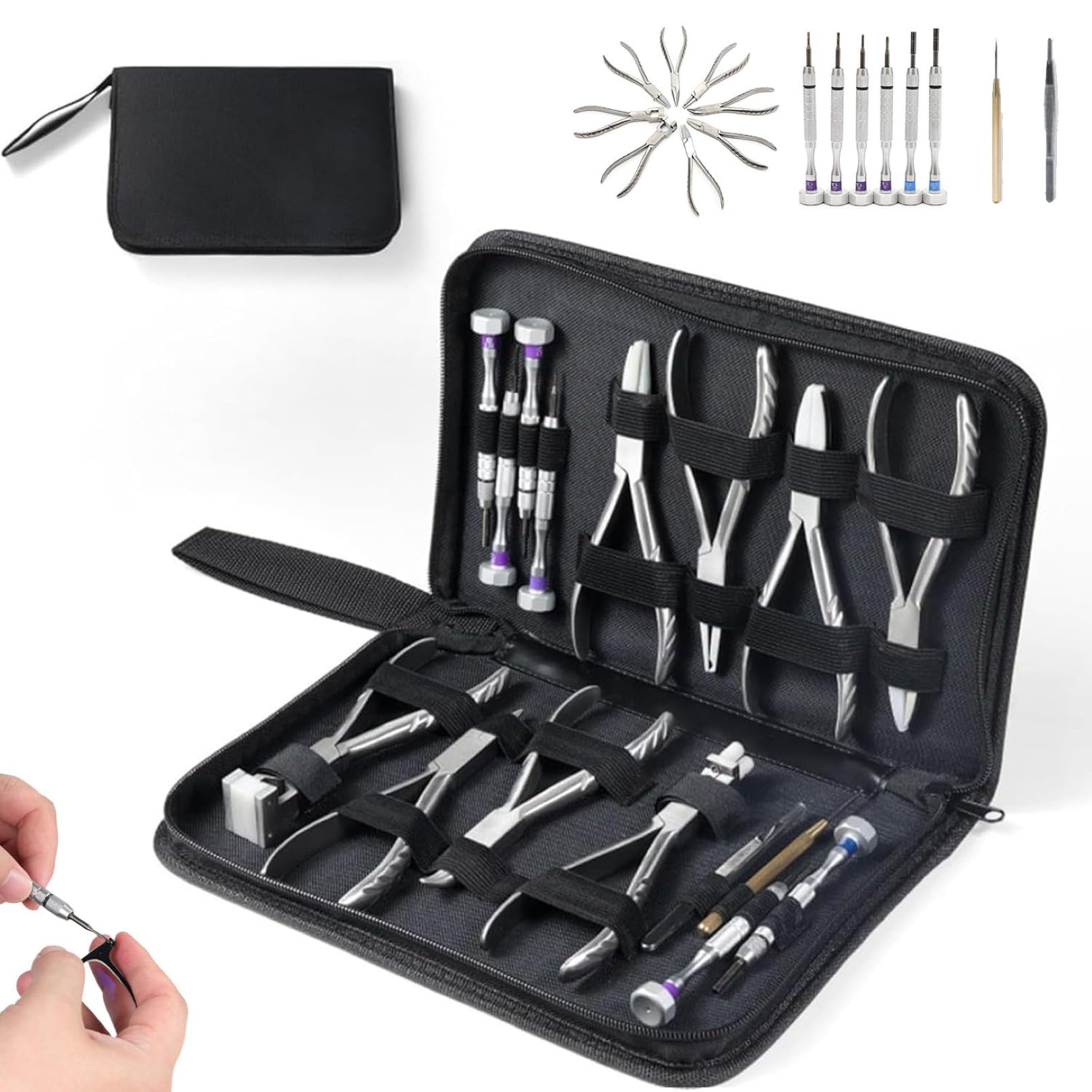 Kit di riparazione per occhiali, 16 utensili in acciaio inox, 8 pinze e 6 cacciaviti, pinzette di precisione e uncinetto per la manutenzione degli occhiali