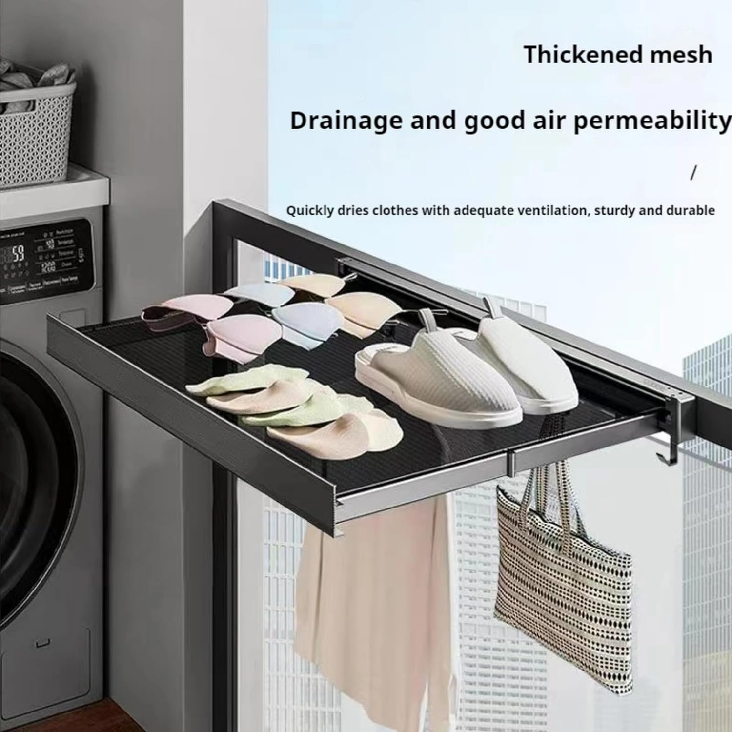 23.6in Width Retractable Clothes Drying Rack with Template, Wall Mounted Mesh Clothes Hanger Rack, Sweater Drying Rack with 6 Hooks, Laundry Drying Rack for Bathroom,Balcony,Wash Basins（2packs）