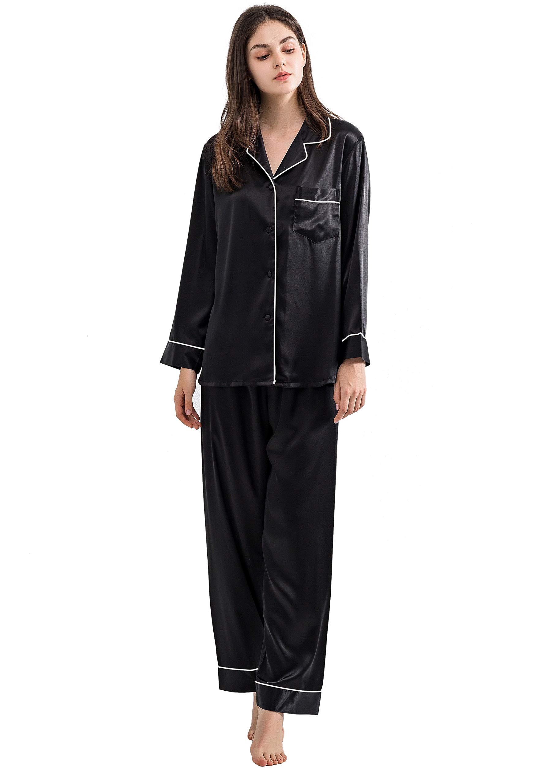 SIHASatin Silk Pajamas for Women Pajama Set With Long Sleeve Button-Down Satin Pajamas Sleepwear XS-3XL