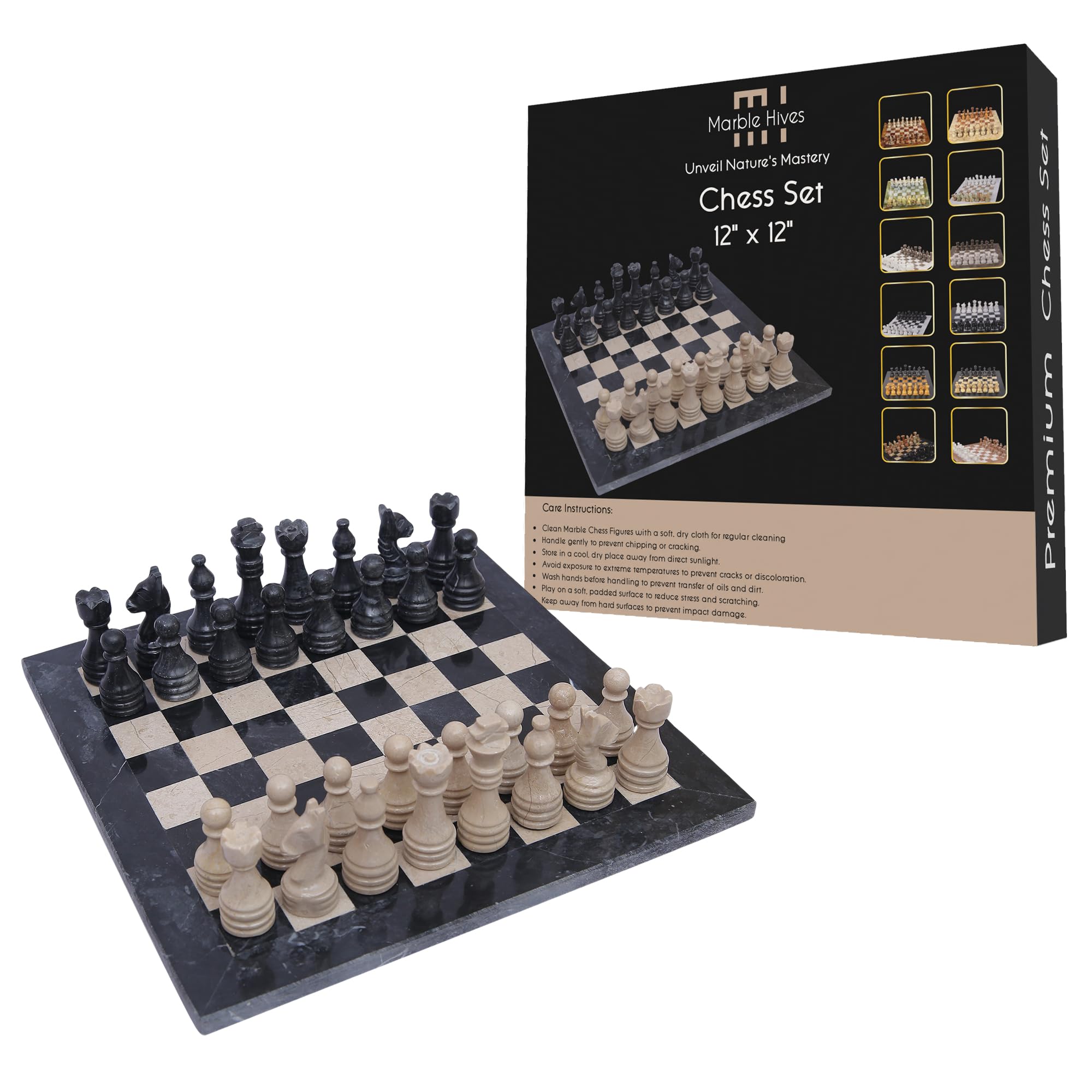 Handmade Marble Chess Set - Black & Verona (12 x 12 Inches) - Chess Sets for Adults - Premium Quality Chess Boards - Fancy Chess Boards