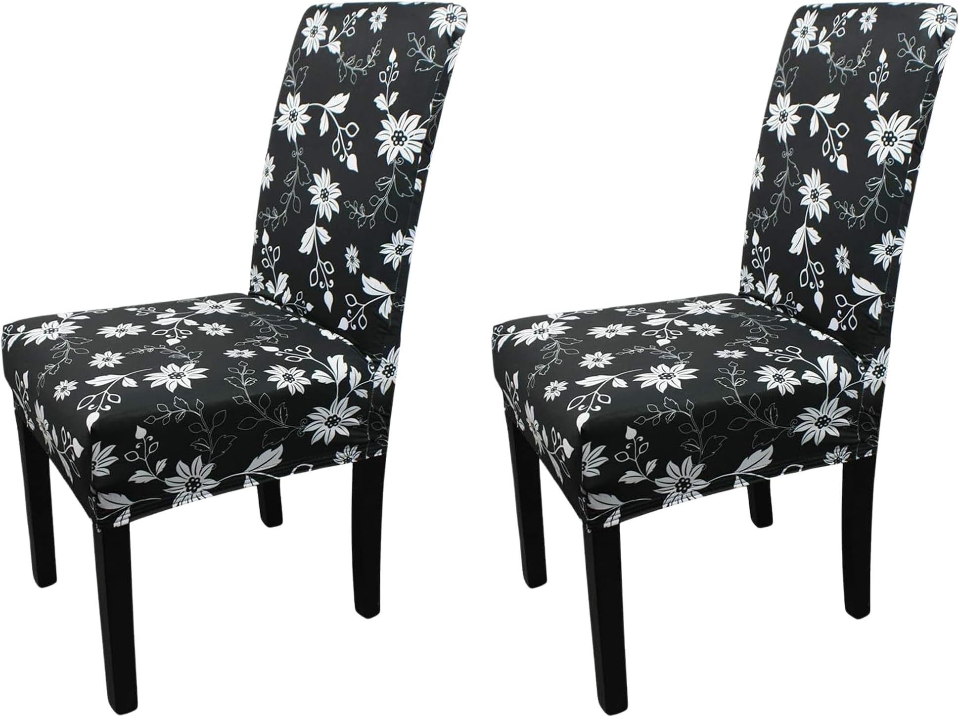 Printed High-Back Chair Covers for Dining Room Chairs – Spandex Stretch, Universal Armless Chair Protective Slipcover for Kitchen, Wedding, Party, Banquet & Hotel, Floral Sunflower - Black, Pack of 2
