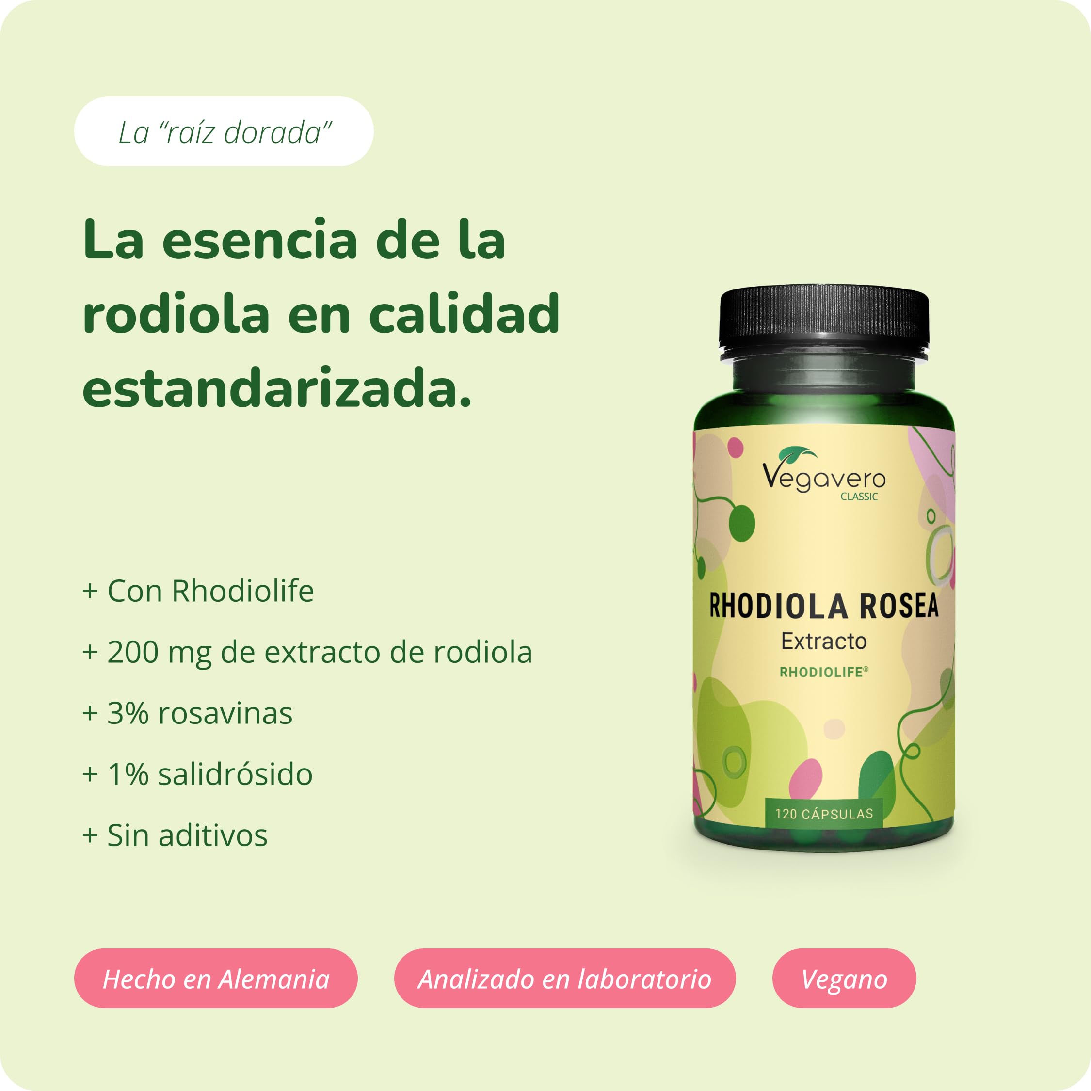 Rhodiola Rosea | RHODIOLIFE | 1200 mg | Con 3% Rosavines + 1% Salidroside | Concentración | Sin Aditivos & Vegano | 120 Cápsulas | Vegavero