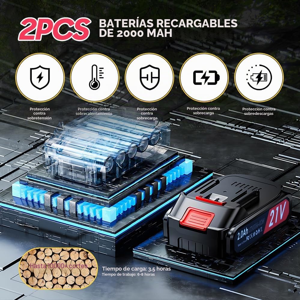 Tijeras de podar telescópicas con batería, 2 en 1 Tijeras de jardín eléctricas con 2 baterías de 2000mAh, pantalla LCD, mango telescópico para poda de árboles cortador de ramas