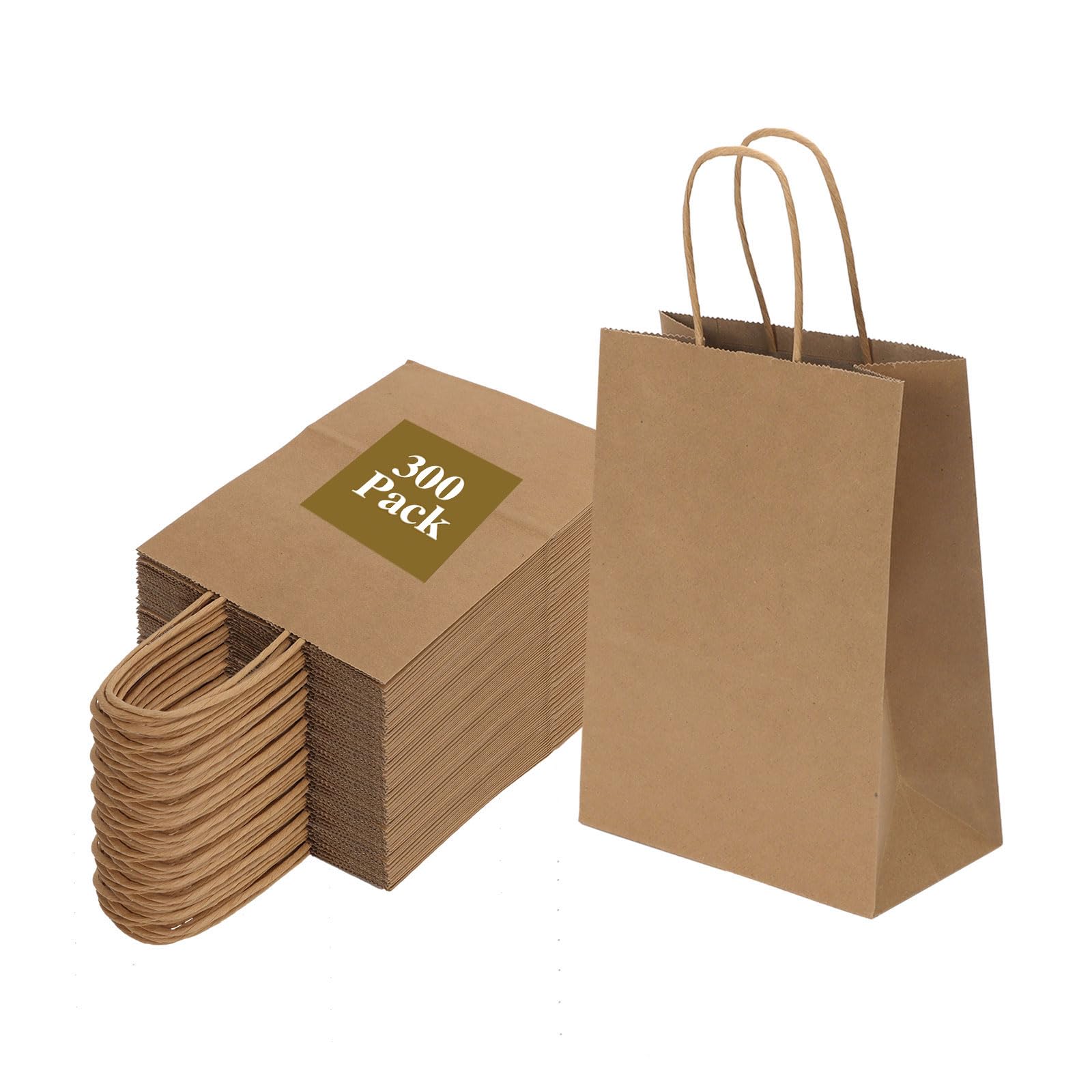 Joybe 300 Pack 5.95x3.25x8 Inch Small Brown Paper Bags with Handles Bulk, Kraft Paper Gift Bags for Birthday Party Favors Grocery Retail Shopping