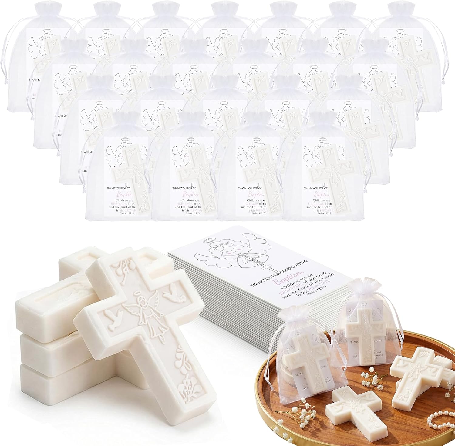 60 Pcs Baby Shower Favors Cross Soap Set with Greeting Cards and Bags, Baptism Decorations Soap Favors, Baptism Favor for Guests Party Gender Reveal, Recuerdos de Bautizo para Niña
