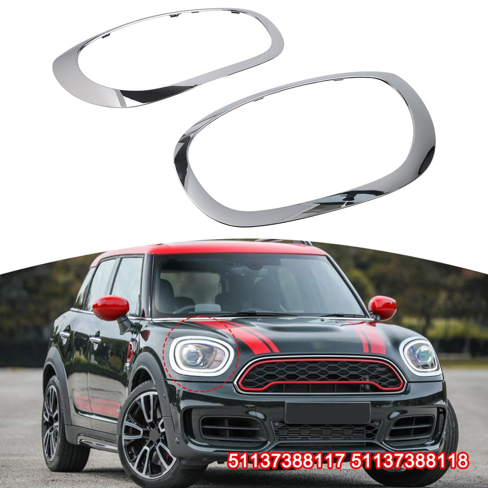 Mascherina per faro anteriore per Mini Cooper F60 F61 2017-2023 e per Mini Countryman cornice anteriore surround in ABS argento con OEM 51137388117 51137388118