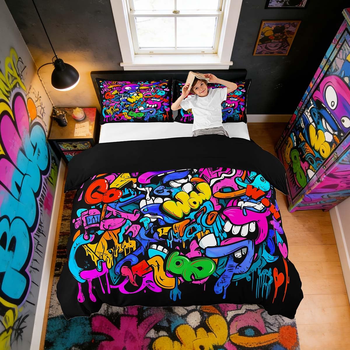 Homemissing Hippie Graffiti Duvet Cover Set Double Size For Kids Boys Girls Teens Hip Hop Bedding Set Graffiti Graphic Pattern Comforter Cover with 2 Pillowcases Street Culture Decor Bed Sets — image 1