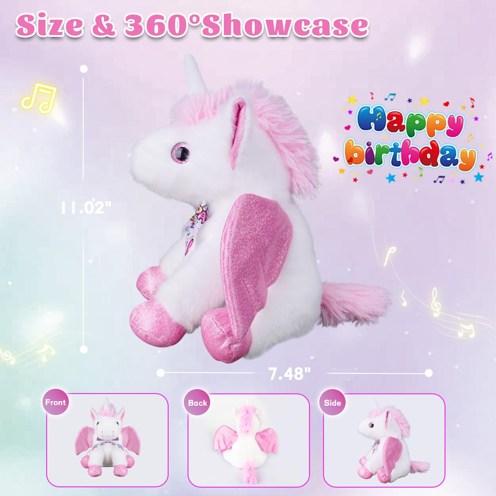 Happy Birthday Gifts - Peluche a forma di unicorno con la canzone di buon compleanno, unicorno con ali mobili, regalo per feste per bambini, ragazzi, ragazze, bambini, 28 cm, rosa