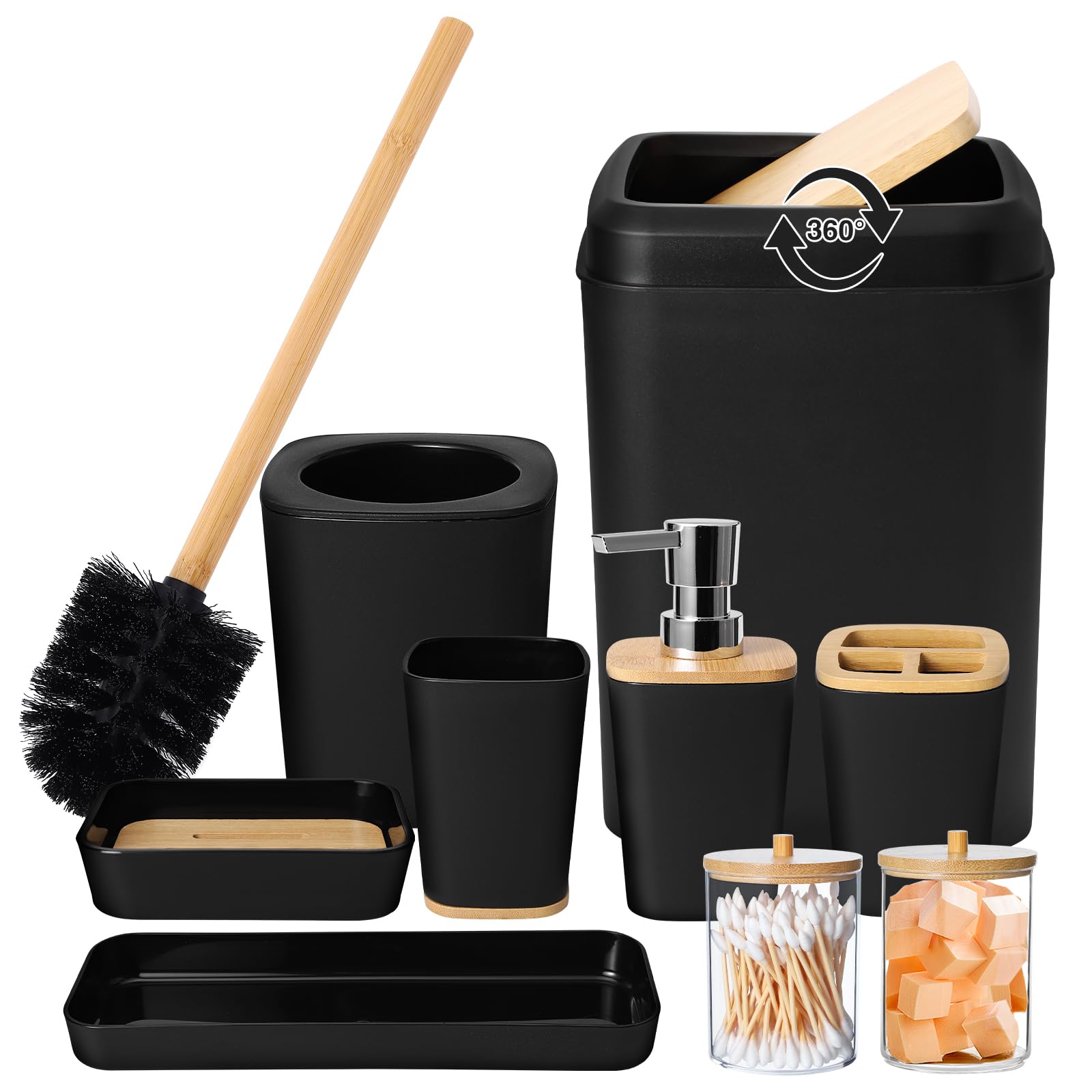 Black Bathroom Accessories Set, 9 Piece Bathroom Accessory Set with Trash Can,Toothbrush Holder,Toothbrush Cup,Lotion Soap Dispenser,Vanity Tray,Soap Dish,Toilet Brush,Qtip Holder…