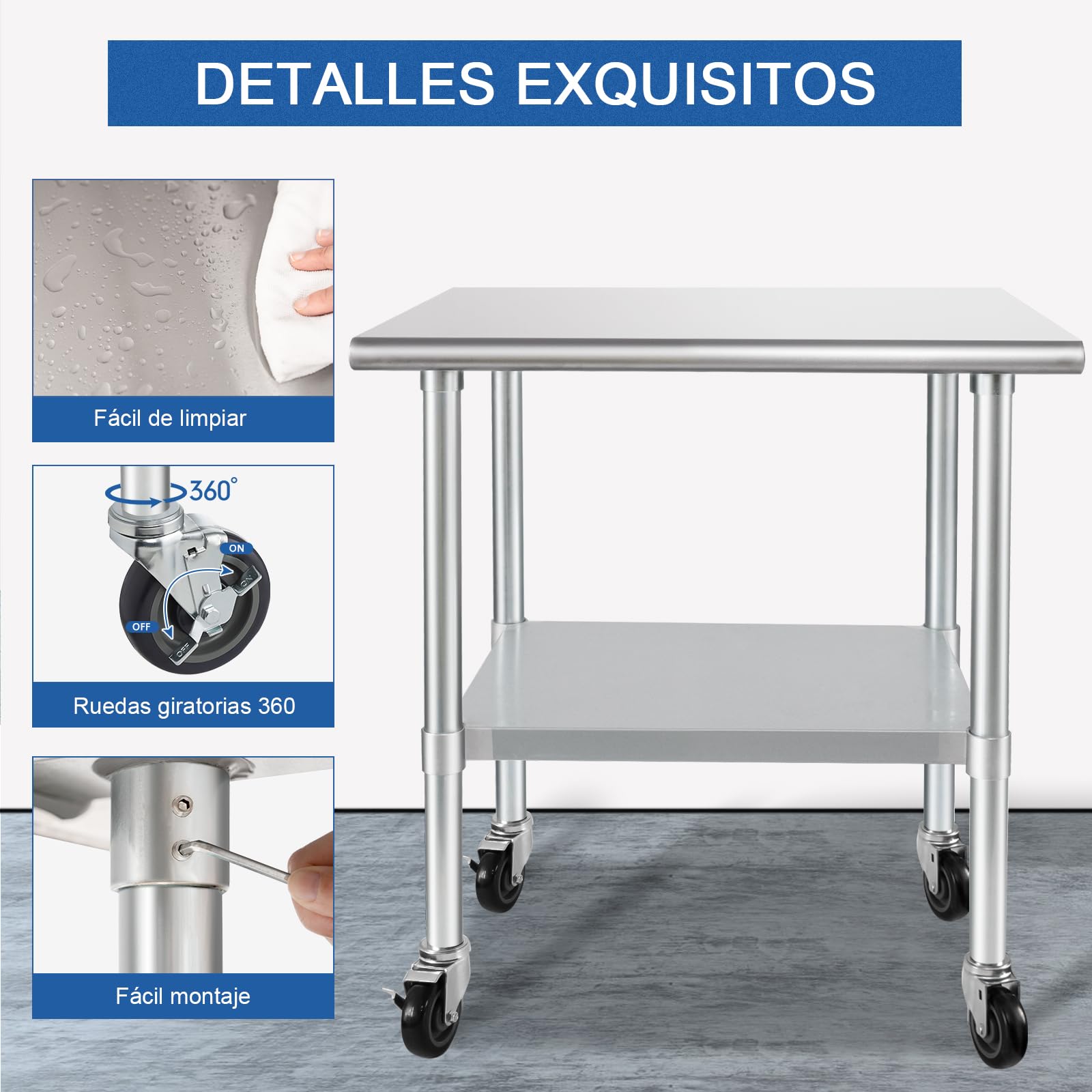 HARDURA Mesa de Acero Inoxidable con Ruedas 61×91cm Mesas de Preparación de Alimentos con Estante Bajo y Patas Galvanizadas para Restaurante, Cocina, Bar, Hotel, Garaje