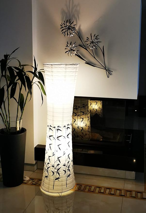 Trango Trango 1217 Design floor lamp rice paper lamp with bamboo motif decoration *PEKING* floor lamp 125 cm high, living room decorative lamp, floor lamp with lampshade incl. 2x E14 bulb holder without