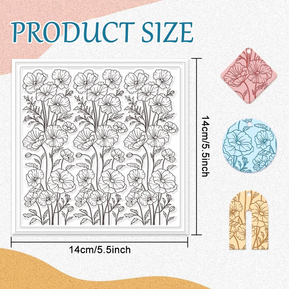 GLOBLELAND Poppy Flower Silicone Texture Stamp Sheet 5.5x5.5inch Leaf Transparent Clay Texture Stamp Mat Background DIY Clay Texture Pad for Making Earrings and Jewellery Polymer Clay