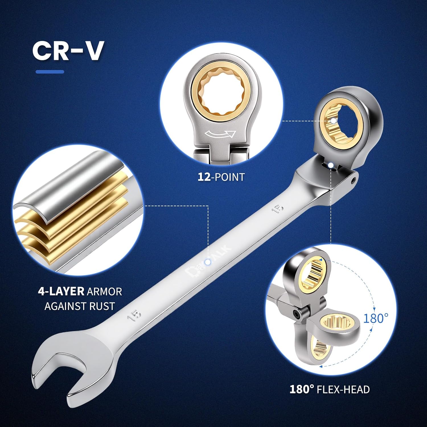 8PCS Flex Head Ratcheting Wrench Set, Metric 8-17 mm, 72-Tooth CR-V Steel with Rolling Pouch for Automotive Repair & Mechanics