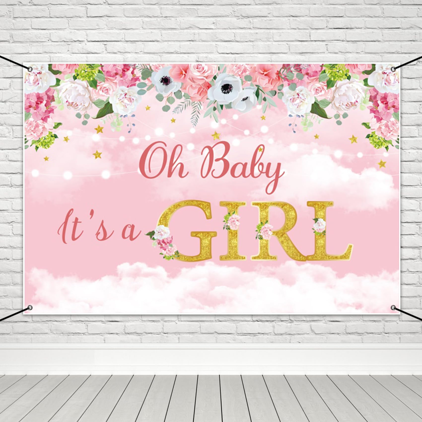 MIRRORANG 6x3.6ft Baby Shower Party Backdrop Decorations - It's a Girl Pink Floral Banner for Girl's Party Supplies - Polyester Fabric - Image 2