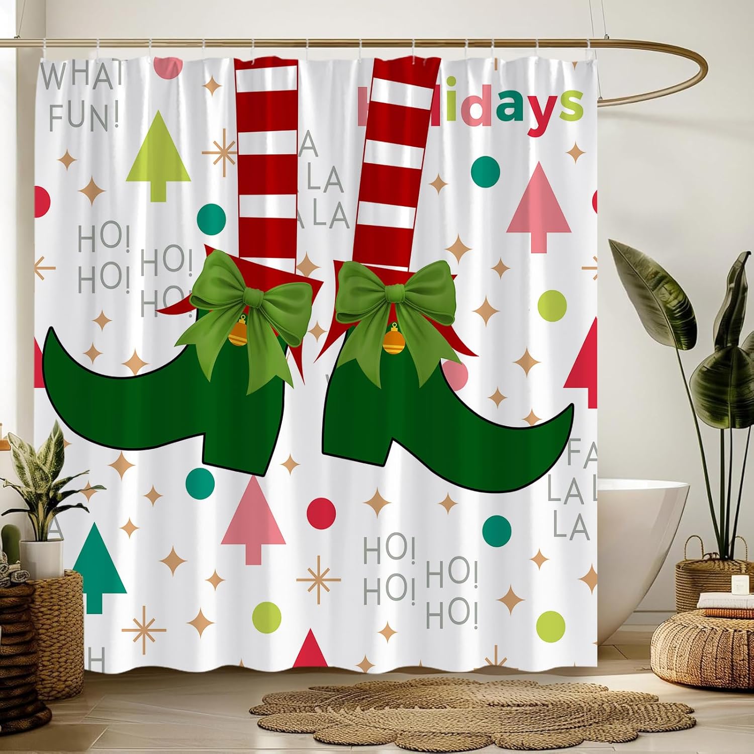 Christmas Elf Shower Curtain Red Green Elf Legs Funny Quotes Cartoon Creative Merry Christmas Winter Holiday Bathroom Decor Fabric Curtain with Hooks