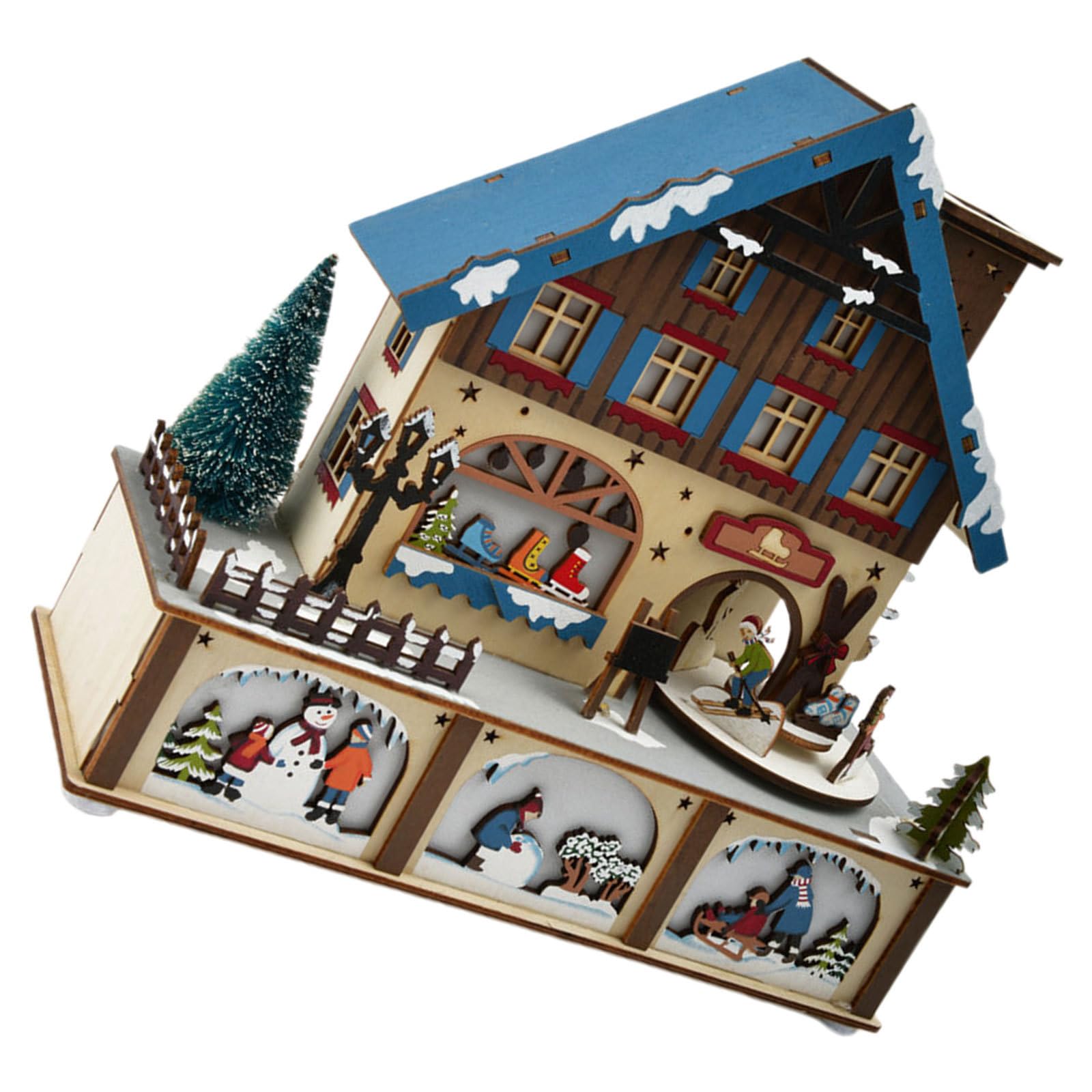 Adorno Navideño de Madera con Luces Led, Casa Pequeña para Decoración de Invierno, Diseño Intrincado y Acabado Artesanal para Centro de Mesa en Navidad