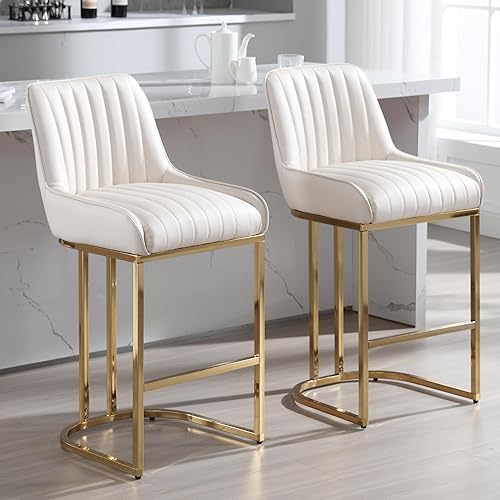 Miniatura 29 de Juego de 2 taburetes de bar de terciopelo beige de 26 pulgadas, modernos taburetes de mostrador con respaldo/patas doradas, sillas de bar tapizadas,
