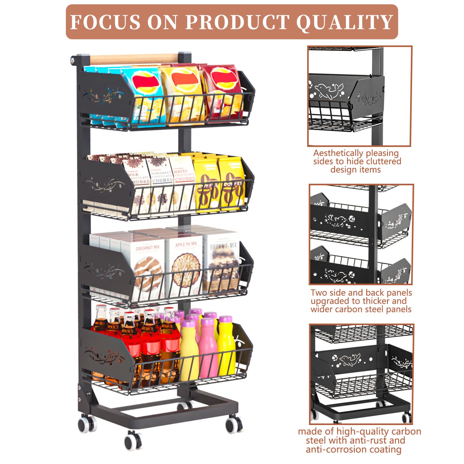 Carrito de almacenamiento de cocina de 4 niveles con ruedas, mejorado más ancho y grueso, carrito de almacenamiento multiusos para despensa y cuarto de servicio (incluye 6 ganchos laterales)