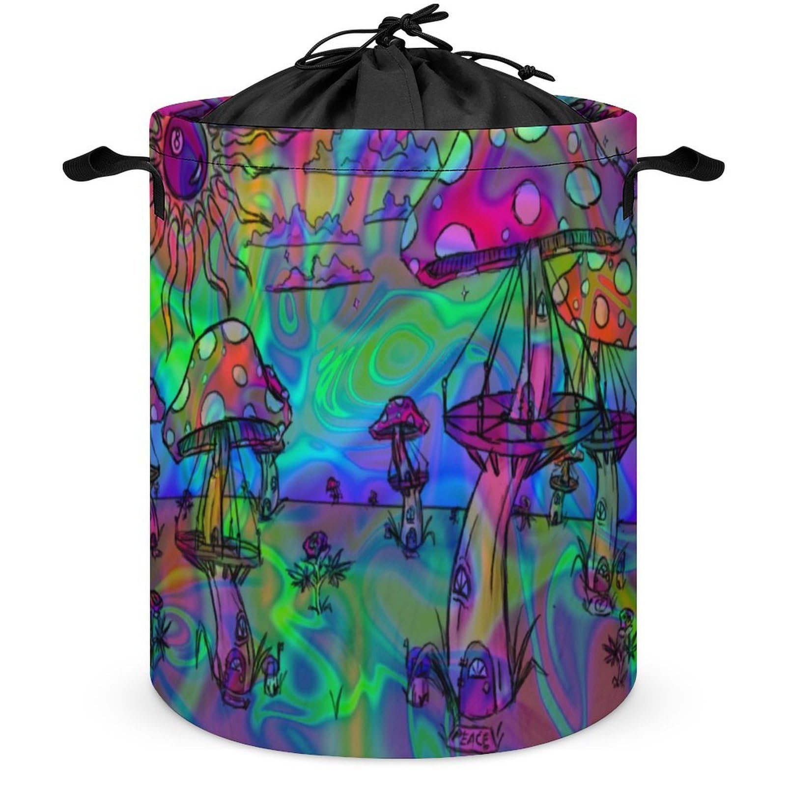 Wlntrophic Drawstring Laundry Hamper, Psychedelic Trippy Mushroom Laundry Basket, Washing Basket with Handle