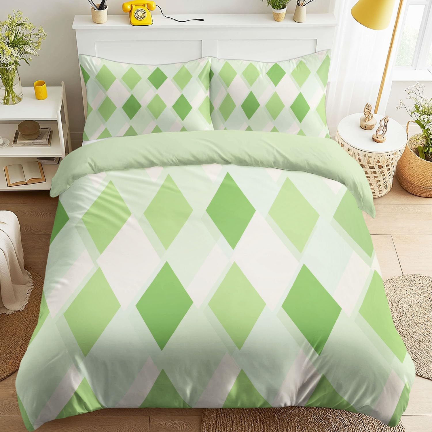 Housse de couette losanges verts 140x190 cm style scandinave avec parure de lit moderne pour enfant