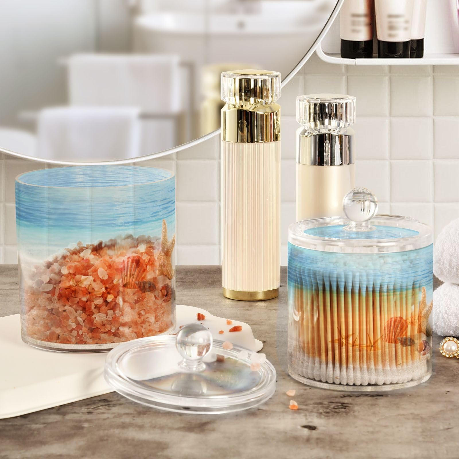 ALAZA Beach Starfish Ocean Qtip Holder Cotton Ball Holder 2 Pack Qtips Cotton Swabs Holder Dispenser Bathroom Container Set Storage Jars Plastic Apothecary Jars for Vanity