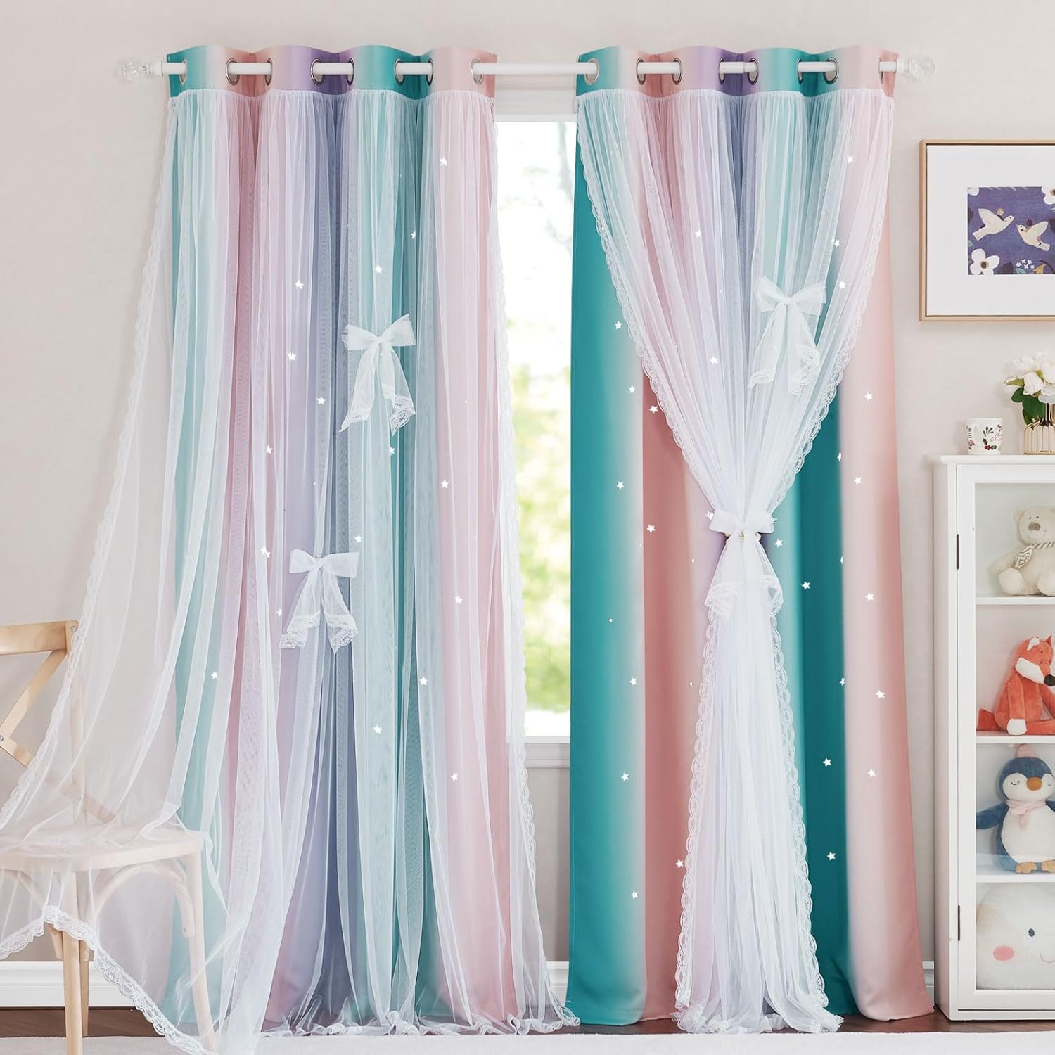NICETOWN Star Curtain Blackout for Girls Bedroom Kids Room Decor Blackout Drapes with Sheer Curtains Nursery Rainbow Curtains Striped Layered Window Curtains, 1 Pair, 52W x 63L, Pink Purple W52 x L63 Pink & Purple