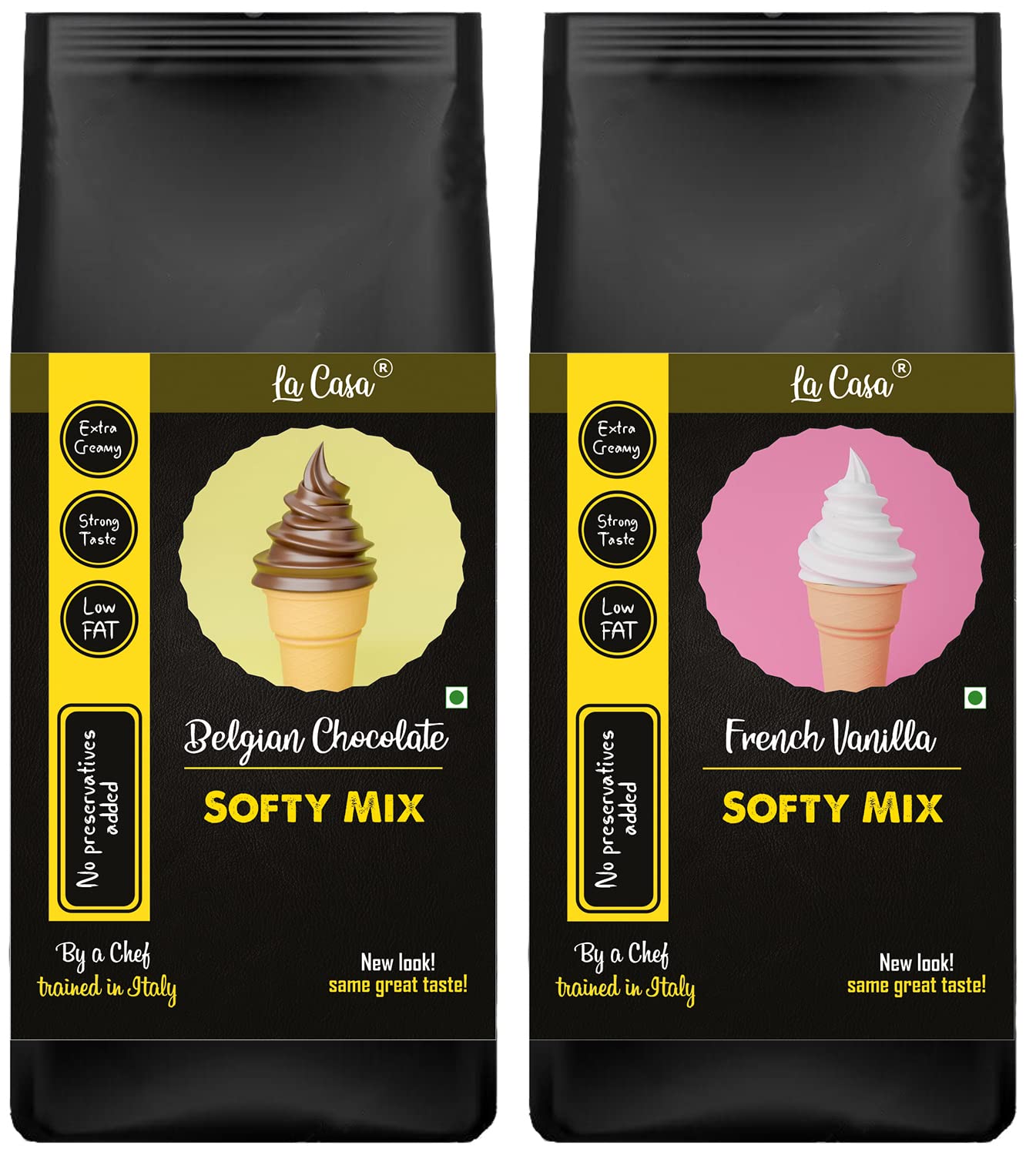La Casa Soft Serve or Softy Premix - Vanilla+Chocolate | Combo Pack of 2 | Extra Creamy & Strong Flavor | 2x250g |