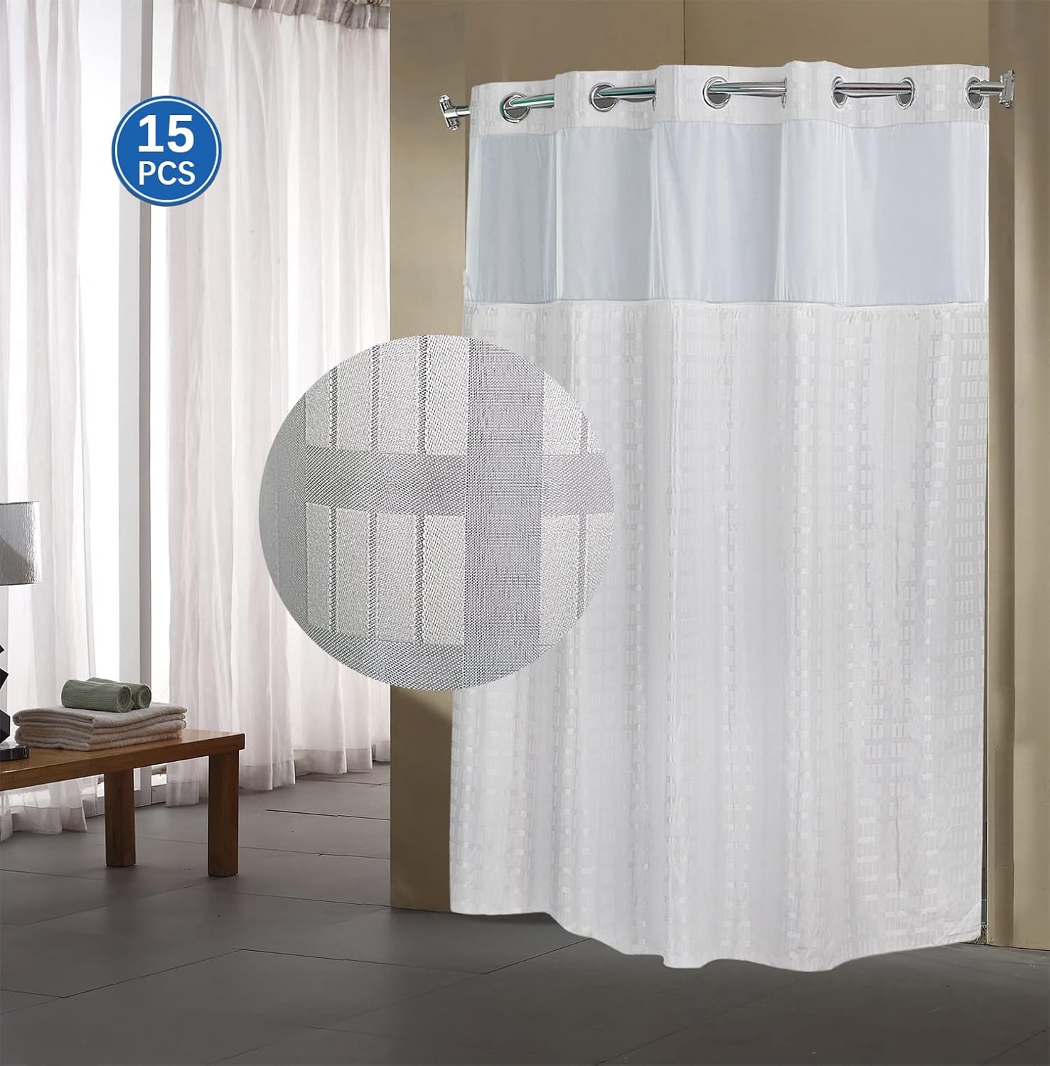 FBTS Basic No Hooks Shower Curtains with Liner 71x74 Inch Checker Two Layers Fabric Shower Curtains for Bathroom Replaceable Lining Water Resistant, 15 Packs