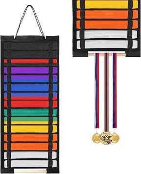 Karate Belt Display Rack, Taekwondo Belt Display Holder with Bamboo Medal Rack, Jiu Jitsu Belt Hanging Holder, Felt Martial Arts Belts Organizer for Taekwondo, Karate, BJJ Learners