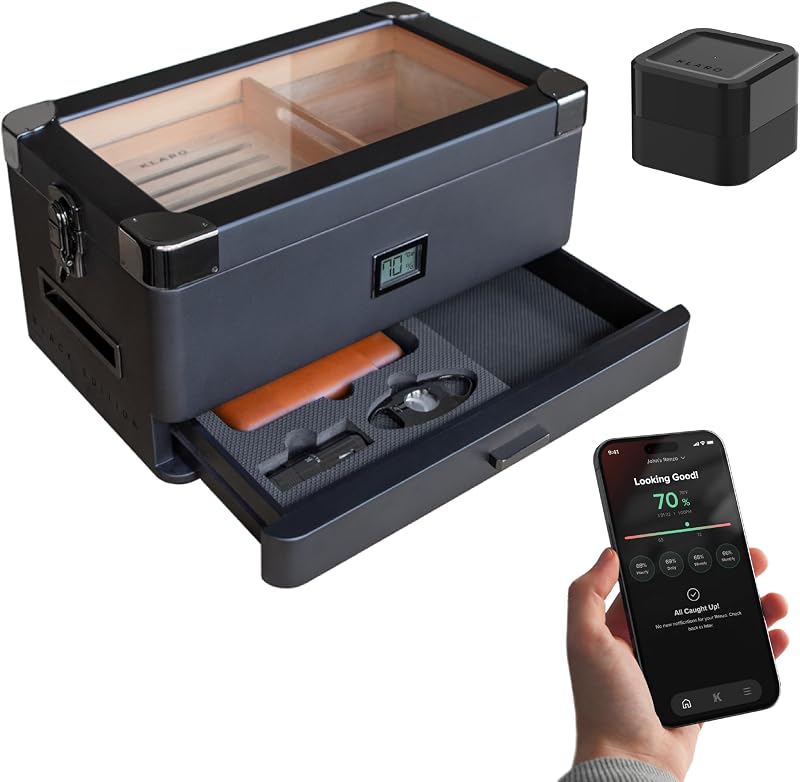 CASE ELEGANCE Military Glass Top Humidor, Black, Holds 70-100 Cigars | Digital hygrometer, Spanish cedar, humidor solution