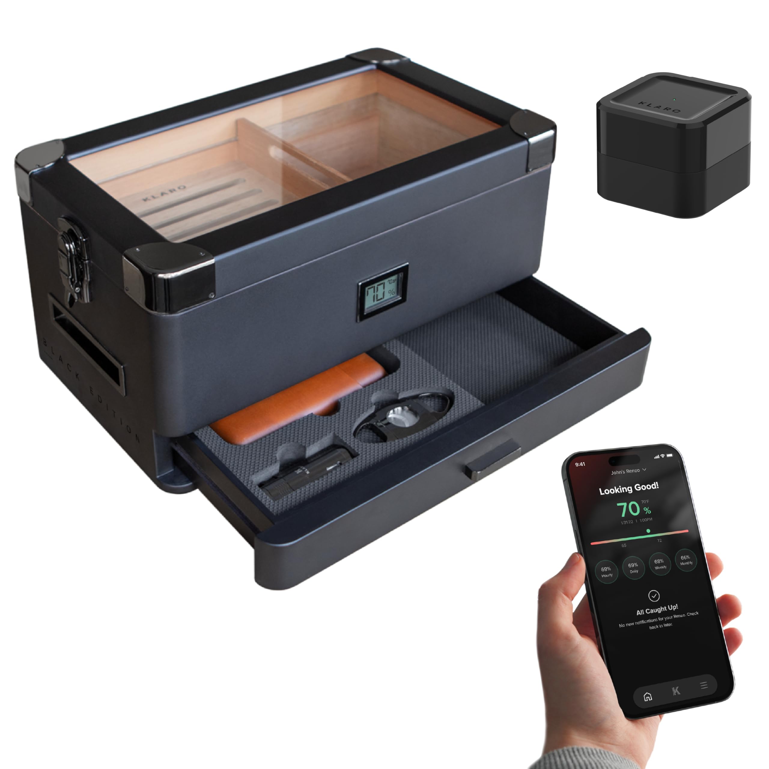Case Elegance Black Edition Humidor mit Glasplatte und digitalem Hygrometer Front-Hygrometer, spanische Zeder, Zigarrenlösung, Hydro-System und Schaumstoffschublade für Zubehör für 50-100 | Digitales Hygrometer, spanische Zeder, Humidorlösung